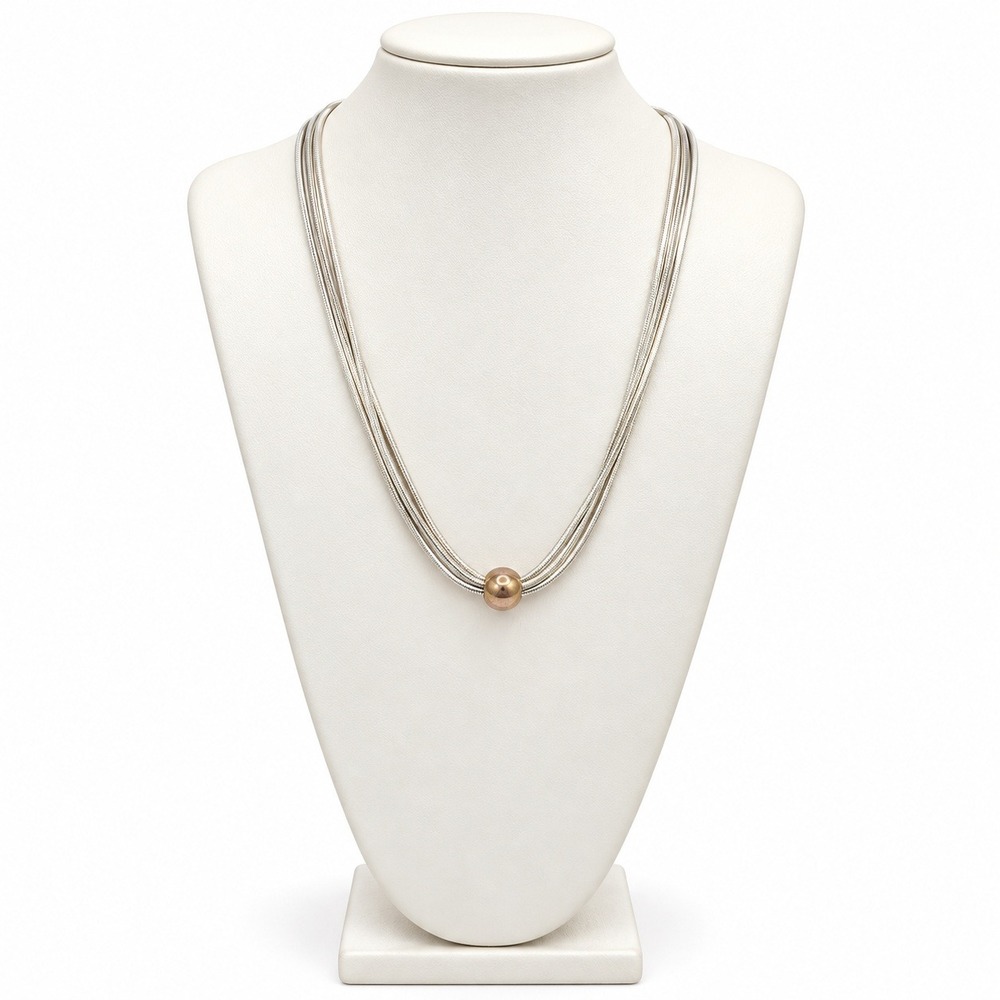 Silver Tone Multi Strand Snake Chain Necklace Gold Tone Sliding Ball Bead 16in
